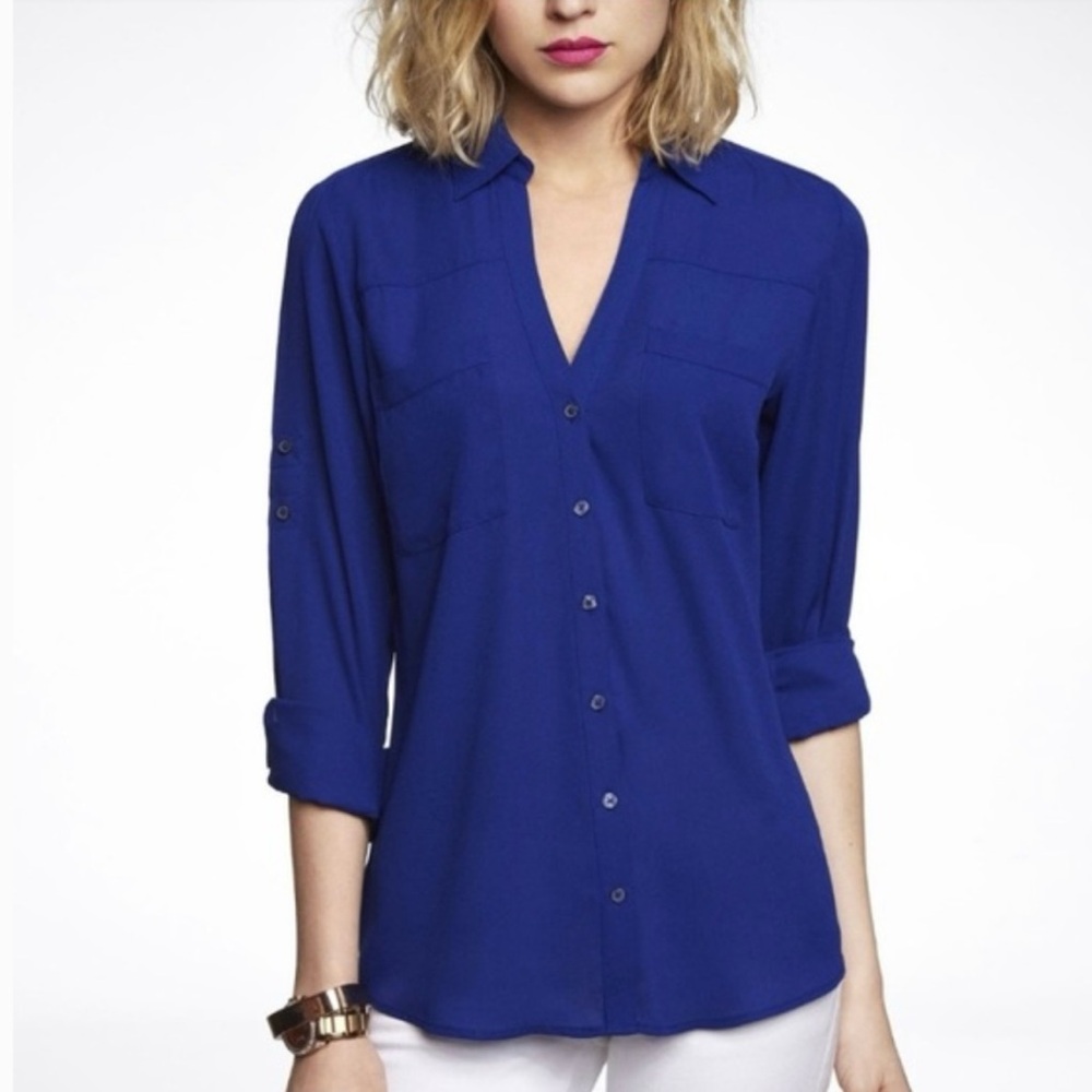 Express Blue Button-Up Portofino Shirt Blouse Top Size XS